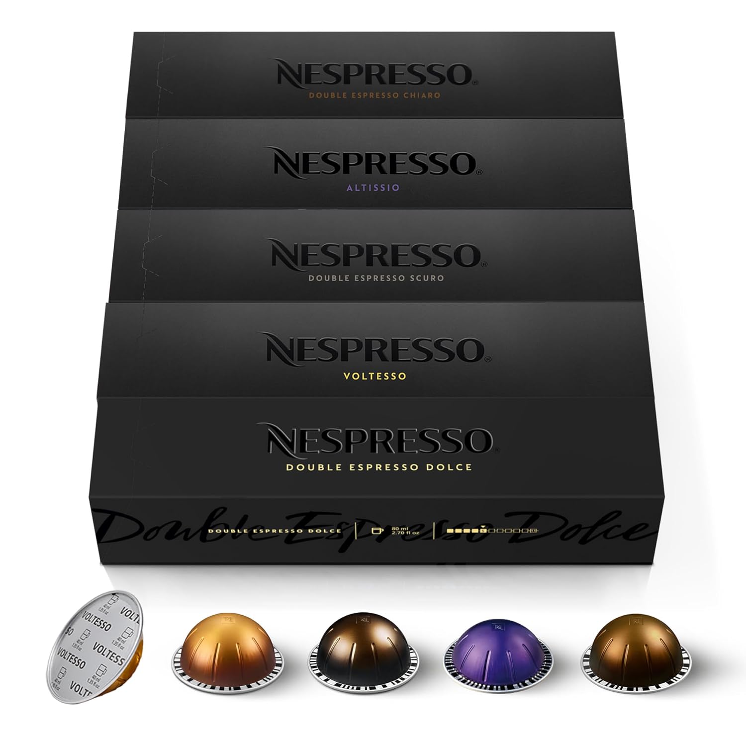NESPRESSO VERTUO, Auswahl an Espresso (40ml) und Double Espresso (80ml) Kaffees, Leichte, mittlere und dunkle Röstungen, Kompatibel mit VERTUO Kaffeemaschinen, Kapsel Set aus 50 Kaffeekapseln