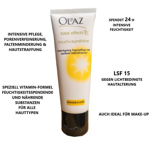 OLAZ Tagescreme Total Effects Touch of Sunshine Tagescreme mit Selbstbräuner 40ml Anti-Aging Creme für natürliche & fleckenfreie Bräune, straffung, jüngeres Aussehen, Anti Falten Hautcreme mit Vitamin E